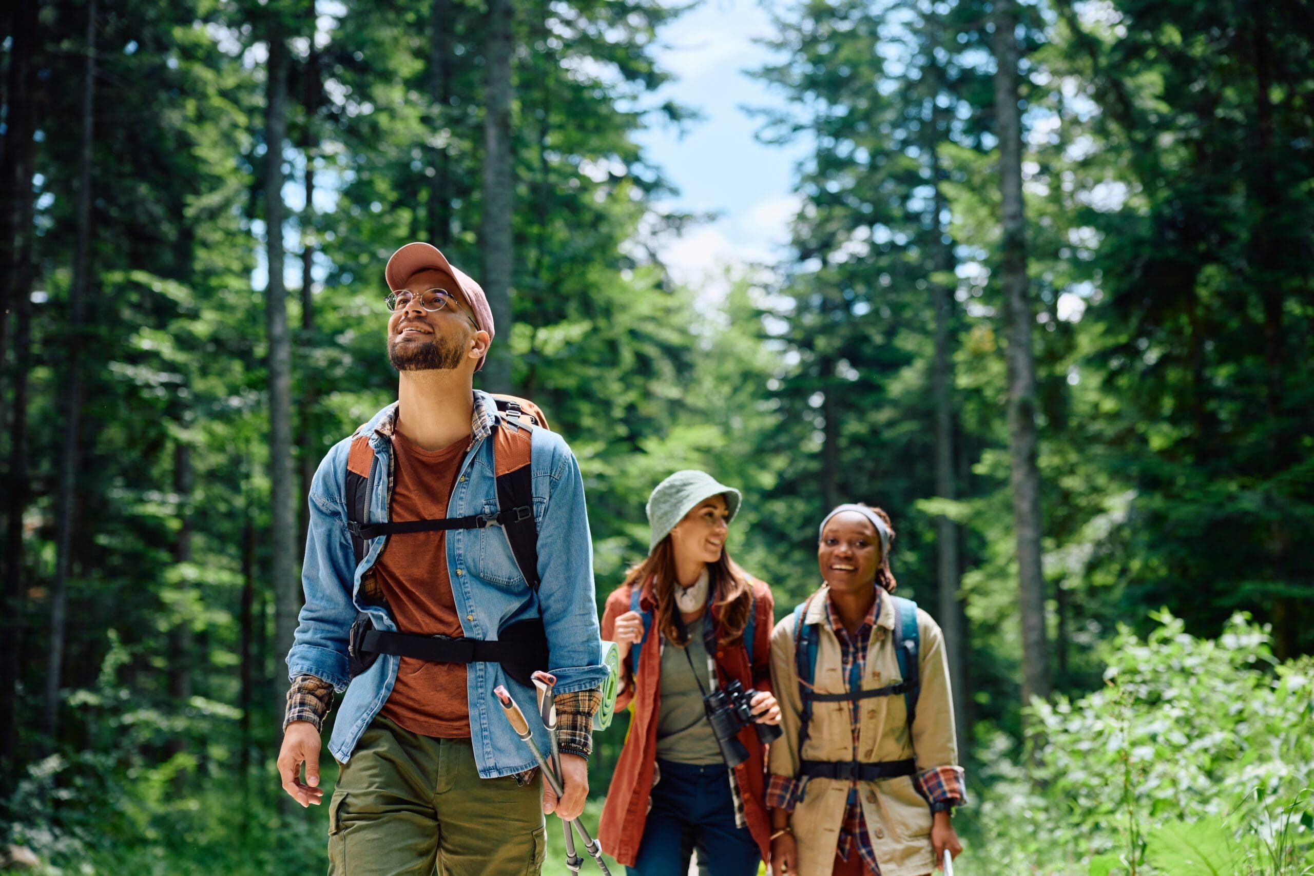 Group,Of,Young,Hikers,Walking,Through,The,Woods.,Focus,Is