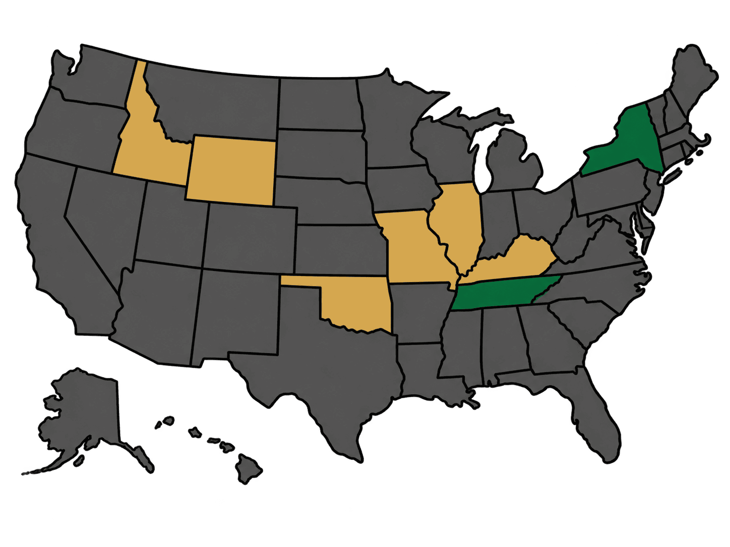 Map of the United States. Active: New York and Tennessee. Exploring: Idaho, Illinois, Kentucky, Missouri, Oklahoma and Wyoming. On the horizon: all other states.
